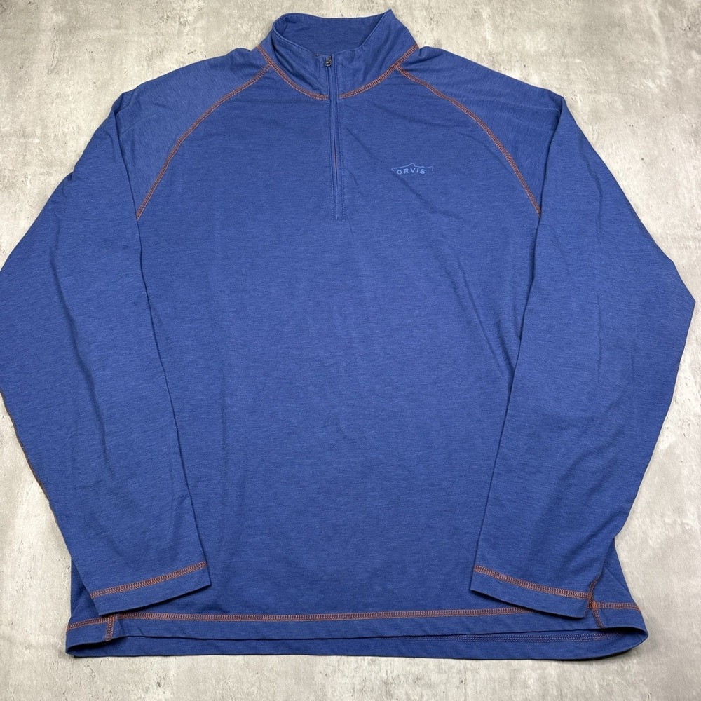 Orvis Quarter Zip Pullover Shirt Mens L Blue Trout Bum Long Sleeve Fishing